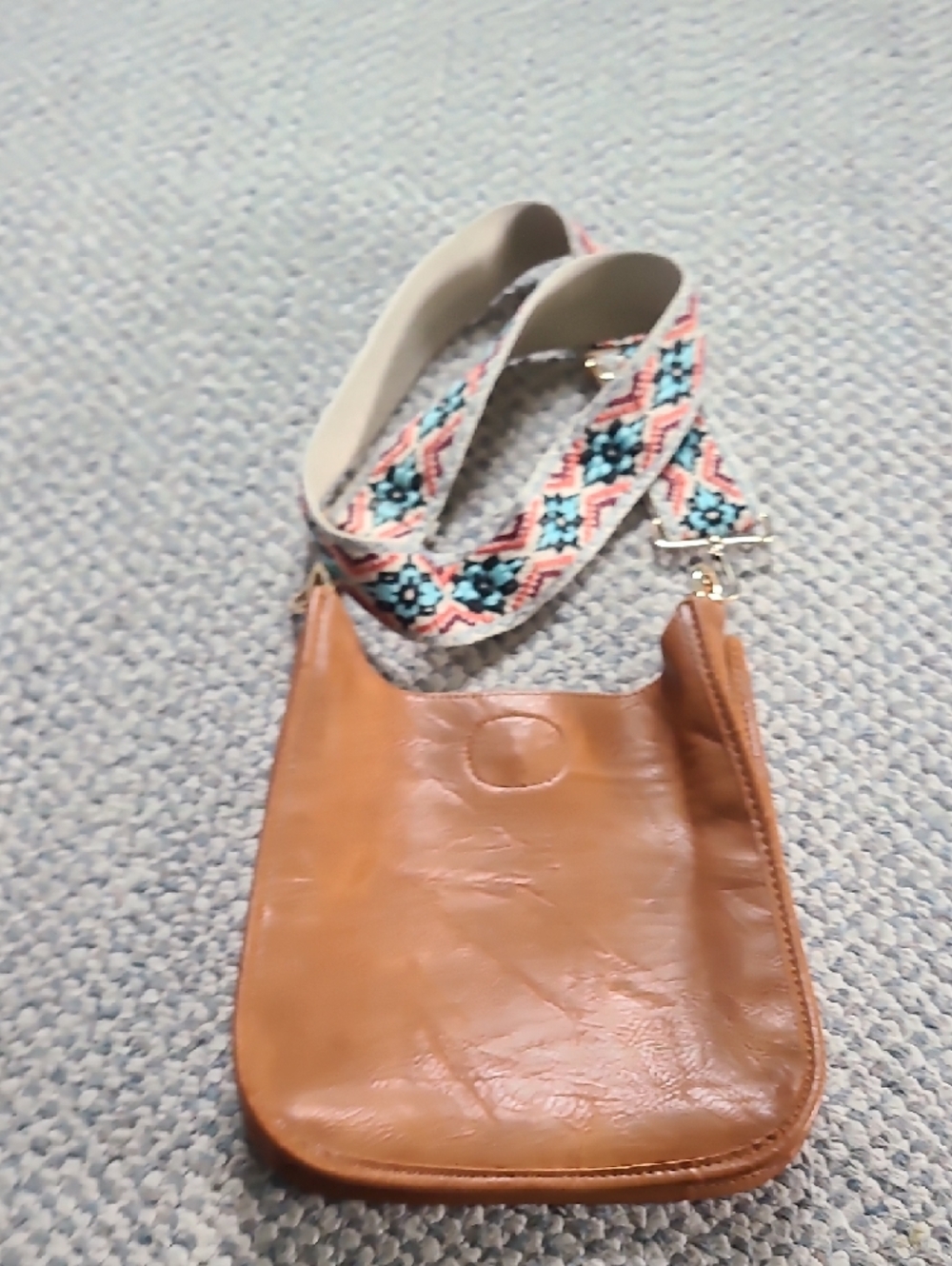 Tan Leather Crossbody Bag with Colorful Woven Strap